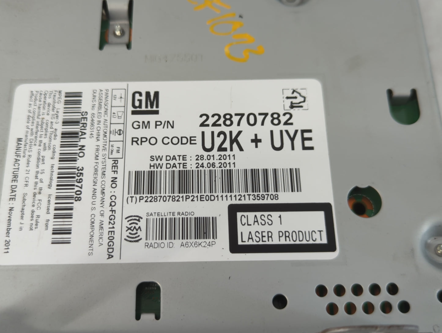 2011-2012 Chevrolet Cruze Radio AM FM Cd Player Receiver Replacement P/N:22870782 Fits Fits 2010 2011 2012 OEM Used Auto Par