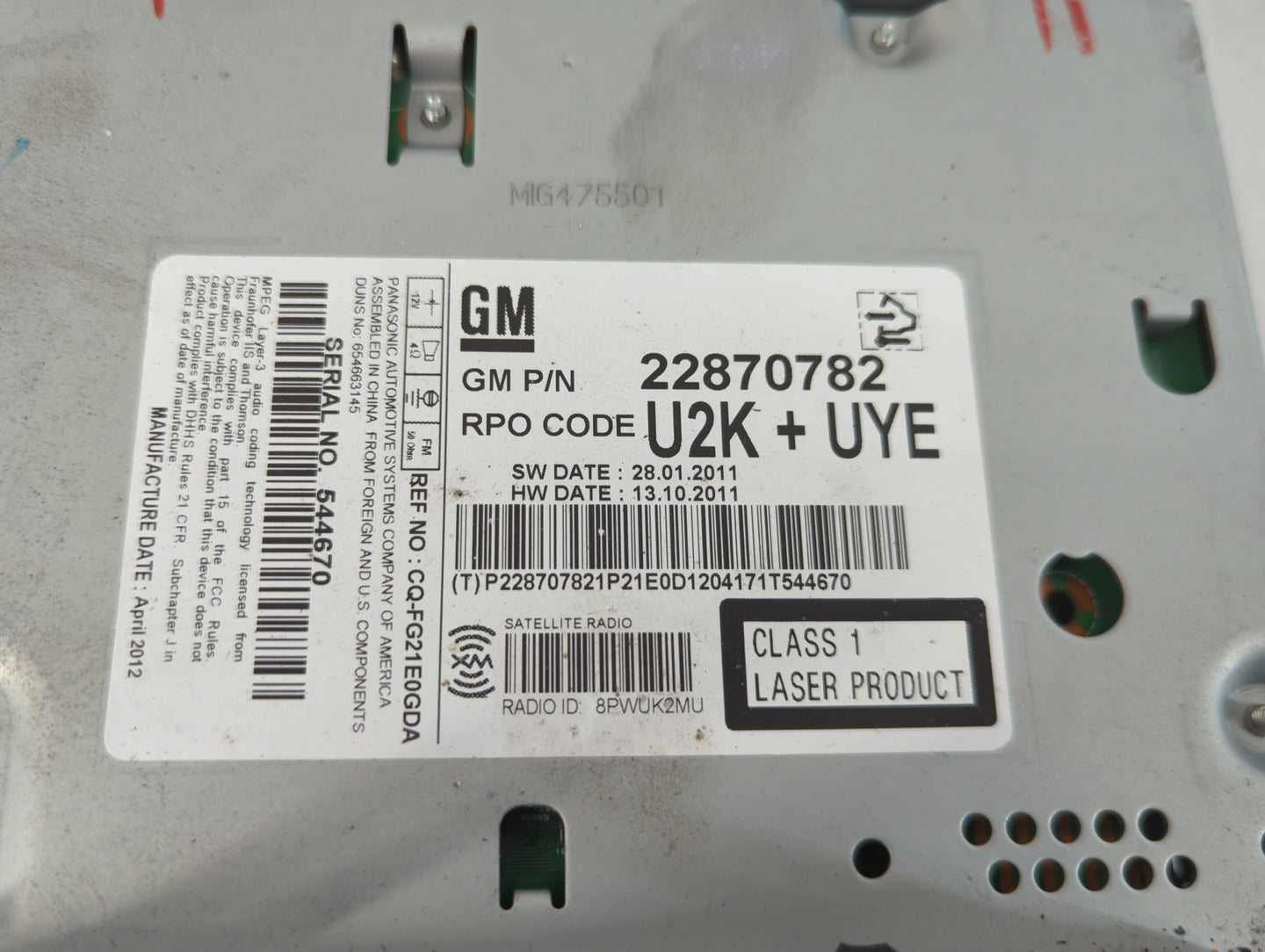 2011-2012 Chevrolet Cruze Radio AM FM Cd Player Receiver Replacement P/N:22870782 Fits Fits 2010 2011 2012 OEM Used Auto Par