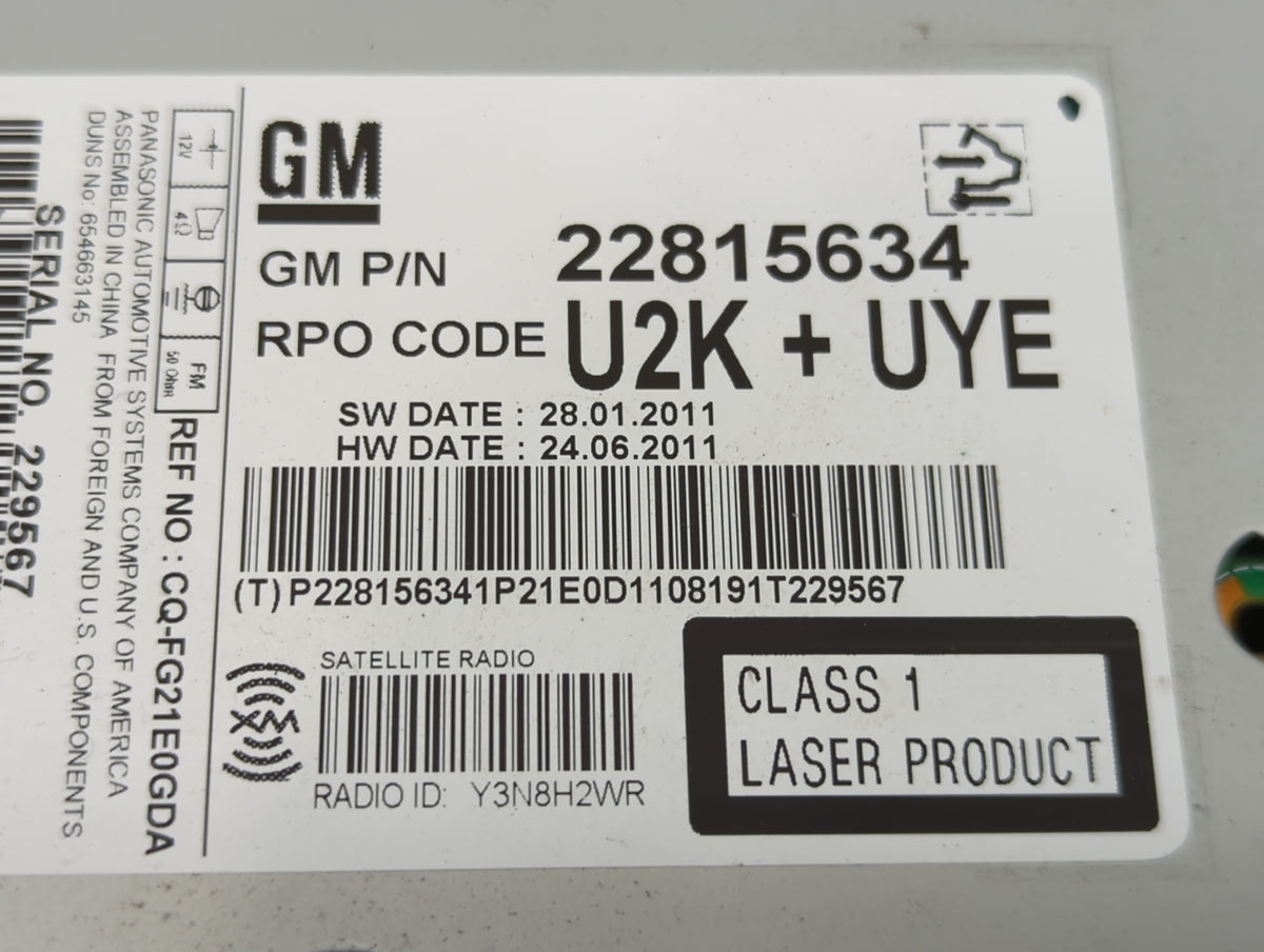 2012 Chevrolet Cruze Radio AM FM Cd Player Receiver Replacement P/N:22815634 Fits OEM Used Auto Parts - Oemusedautoparts1.co