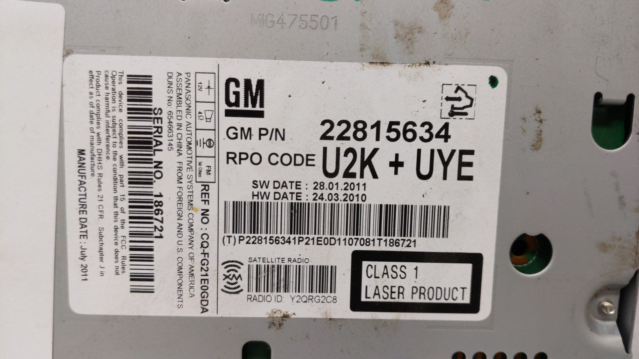 2012 Chevrolet Cruze Radio AM FM Cd Player Receiver Replacement P/N:22870782 22815634 Fits OEM Used Auto Parts - Oemusedauto