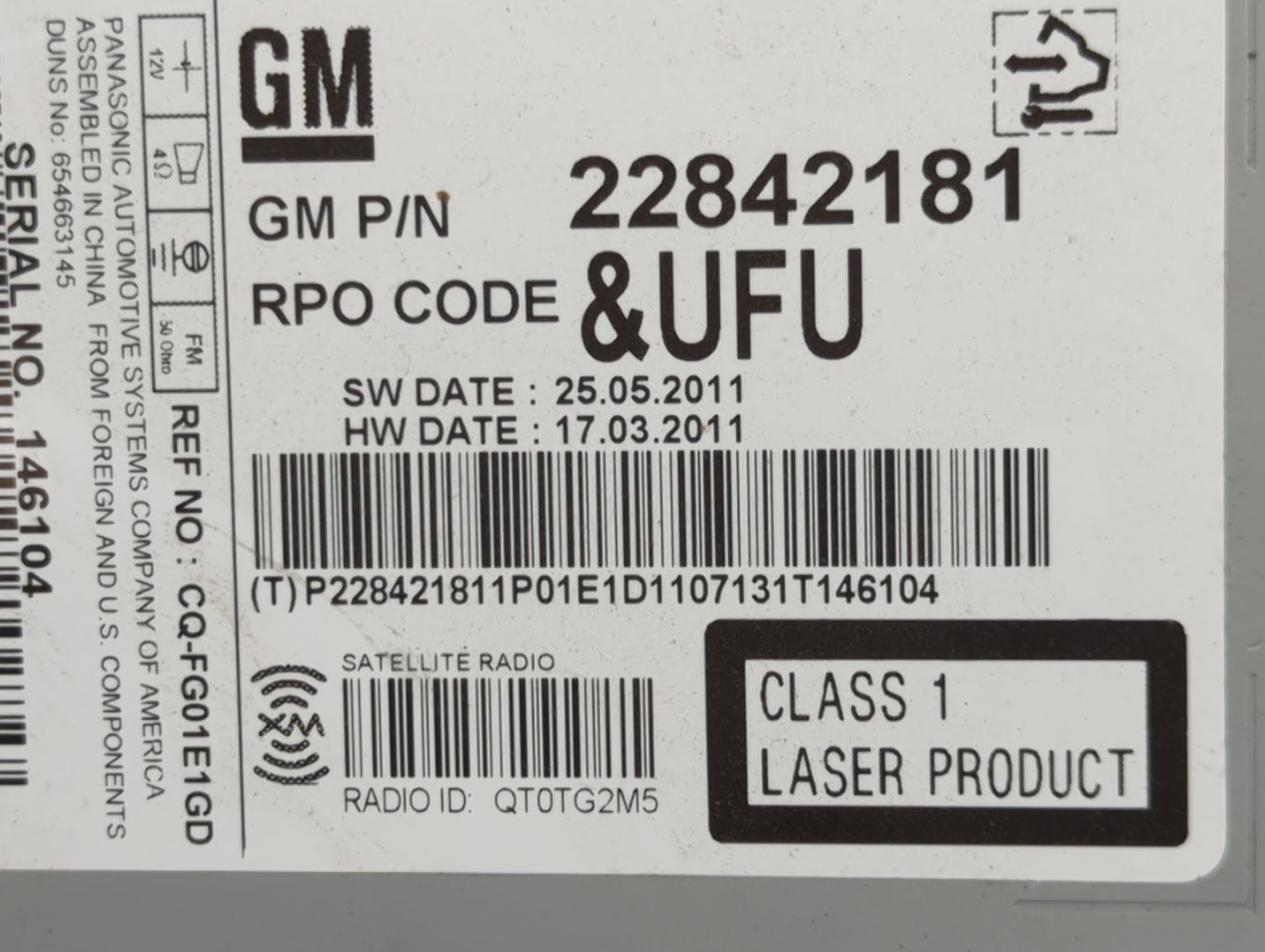 2012 Chevrolet Equinox Radio AM FM Cd Player Receiver Replacement P/N:22842181 CQ-FG01E1GD Fits OEM Used Auto Parts - Oemuse