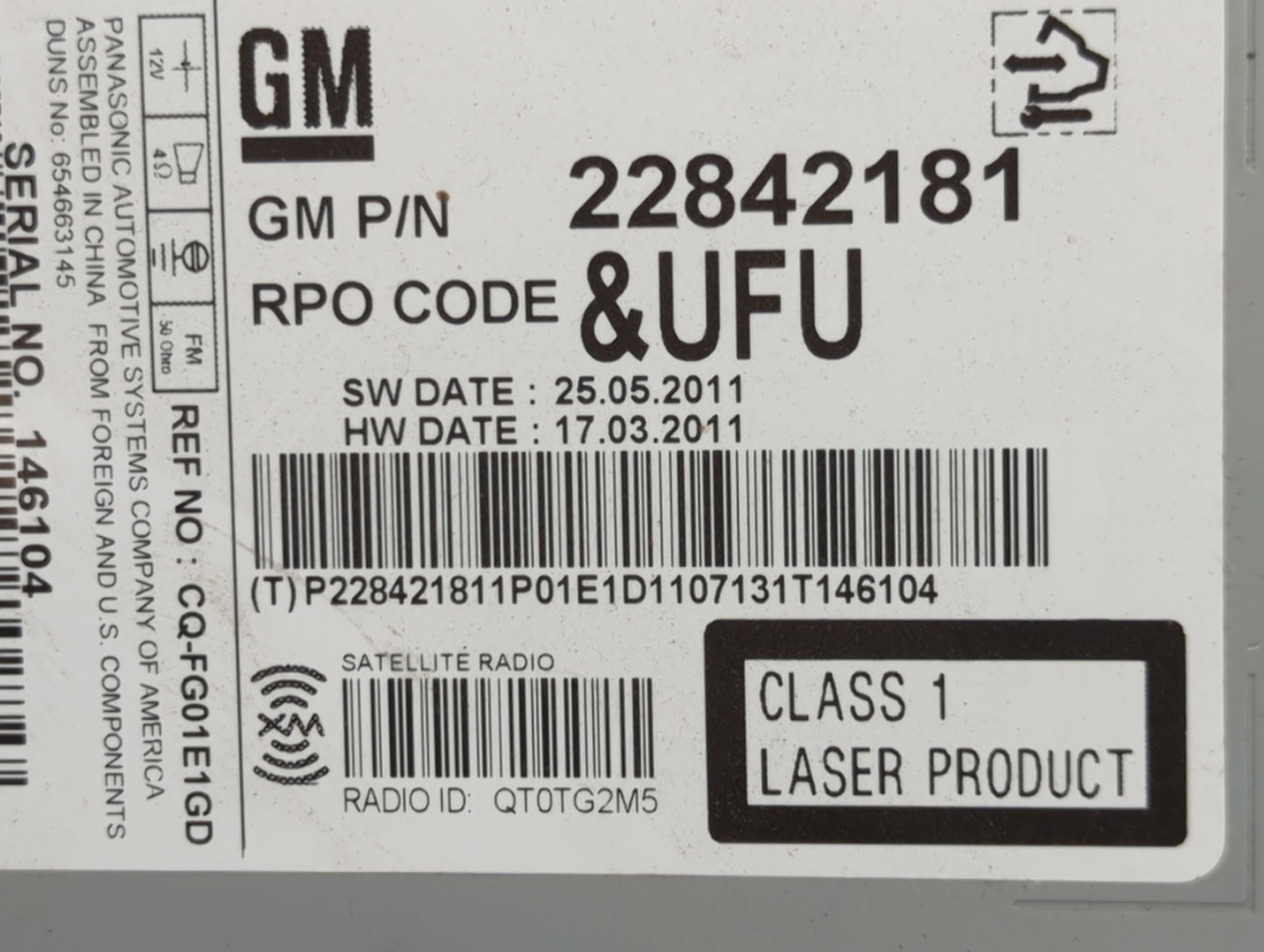 2012 Chevrolet Equinox Radio AM FM Cd Player Receiver Replacement P/N:22842181 CQ-FG01E1GD Fits OEM Used Auto Parts - Oemuse
