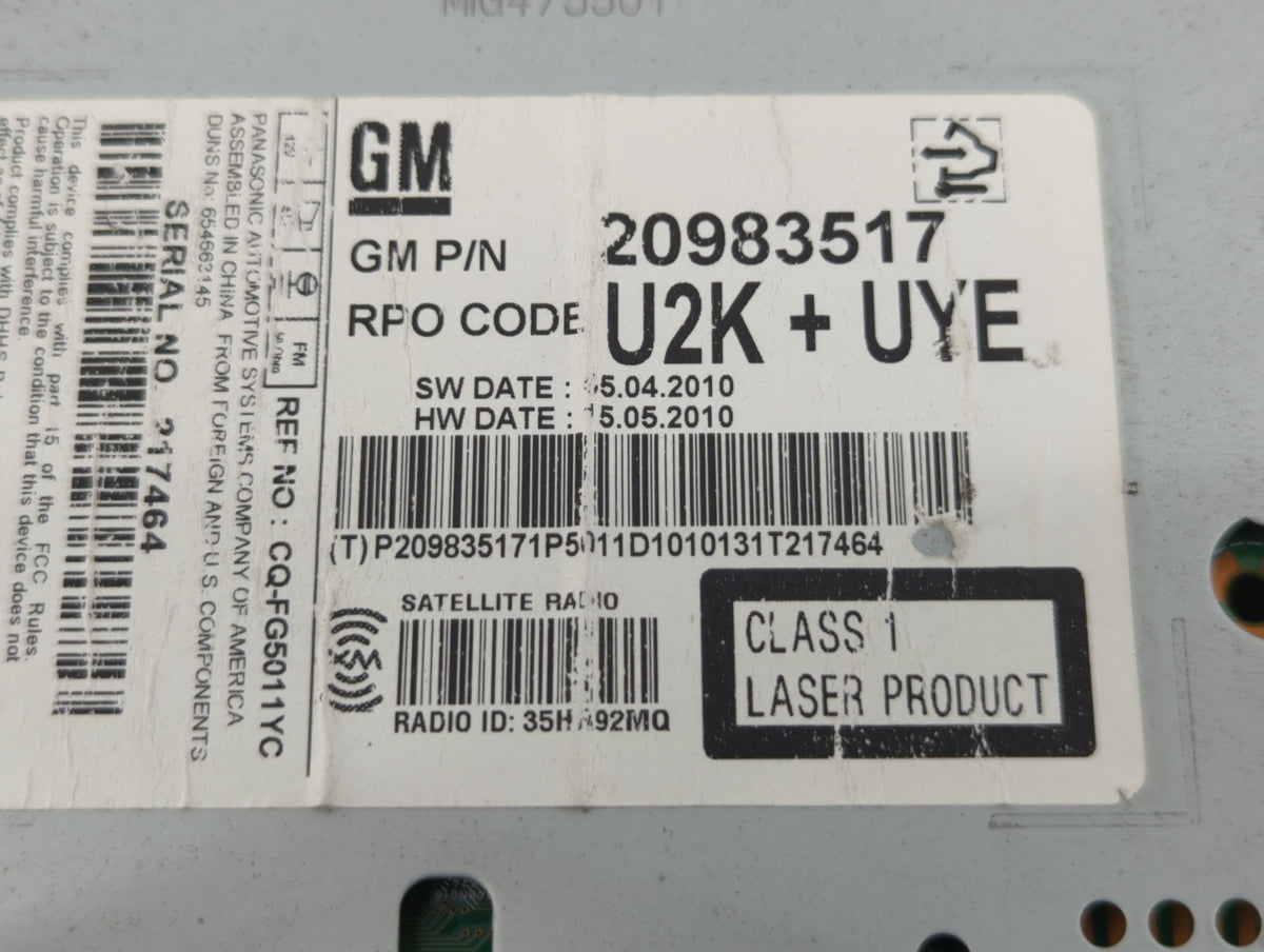 2011-2012 Chevrolet Equinox Radio AM FM Cd Player Receiver Replacement P/N:20983517 Fits Fits 2010 2011 2012 OEM Used Auto P