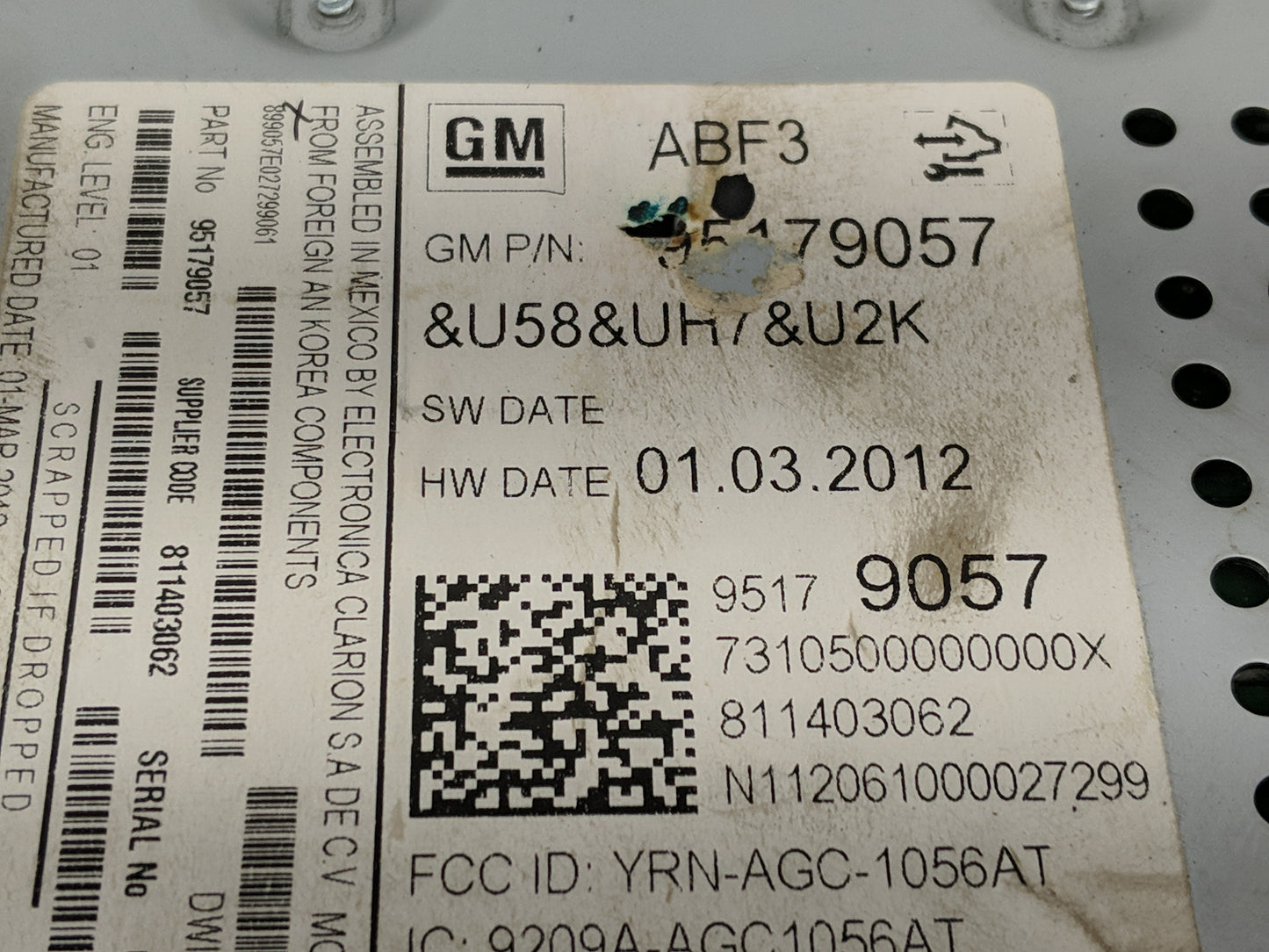 2012 Chevrolet Sonic Radio AM FM Cd Player Receiver Replacement P/N:95179057 Fits OEM Used Auto Parts - Oemusedautoparts1.co