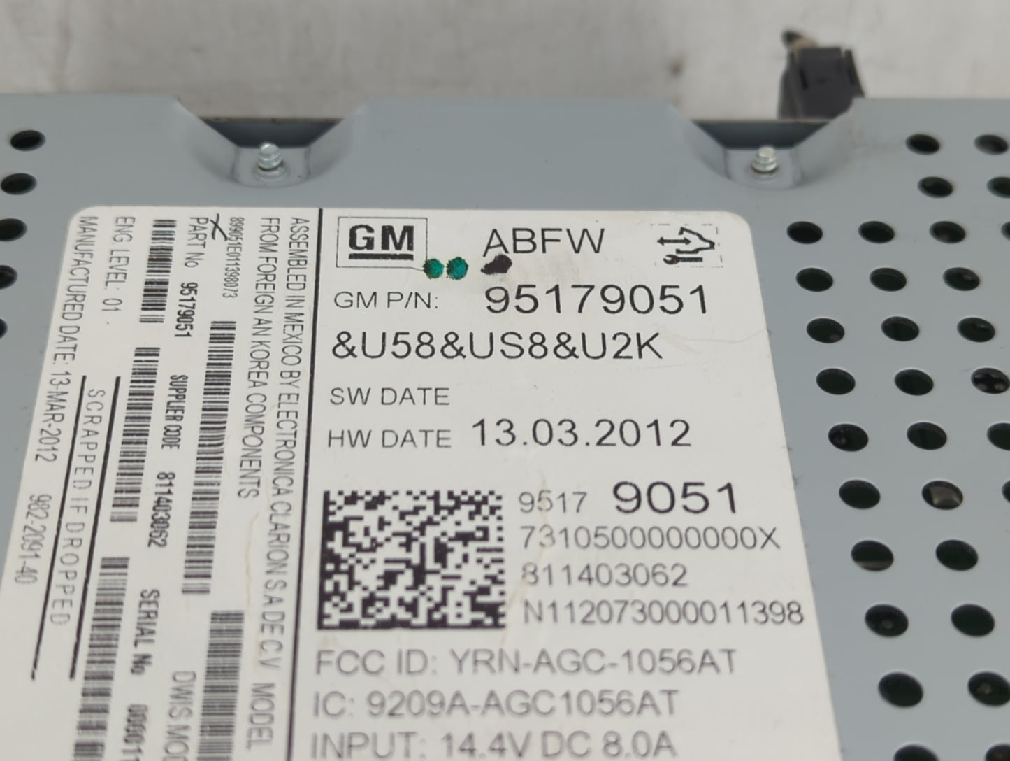 2012 Chevrolet Sonic Radio AM FM Cd Player Receiver Replacement P/N:95179051 Fits OEM Used Auto Parts - Oemusedautoparts1.co