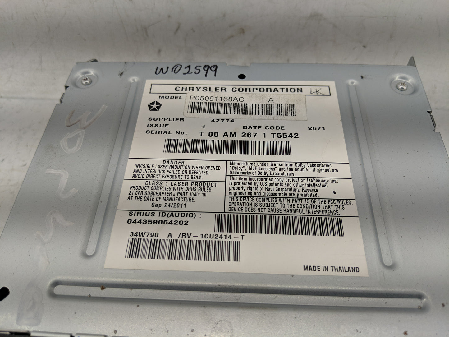 2012 Chrysler 200 Radio AM FM Cd Player Receiver Replacement P/N:P05091168AC T 00 AM 267 1 T5542 Fits OEM Used Auto Parts - 