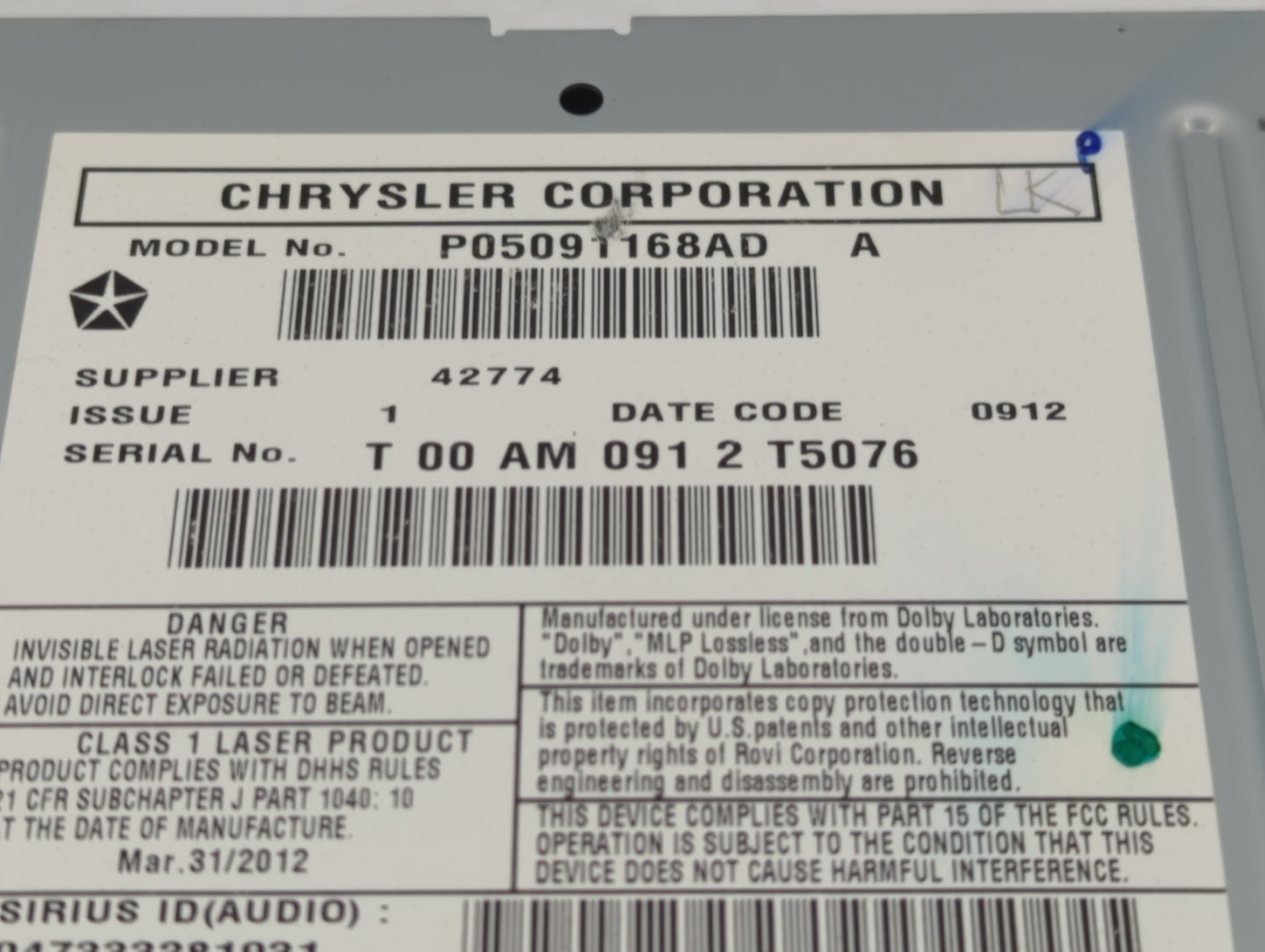 2011-2014 Chrysler 200 Radio AM FM Cd Player Receiver Replacement P/N:P05091168AD Fits Fits 2011 2012 2013 2014 OEM Used Aut