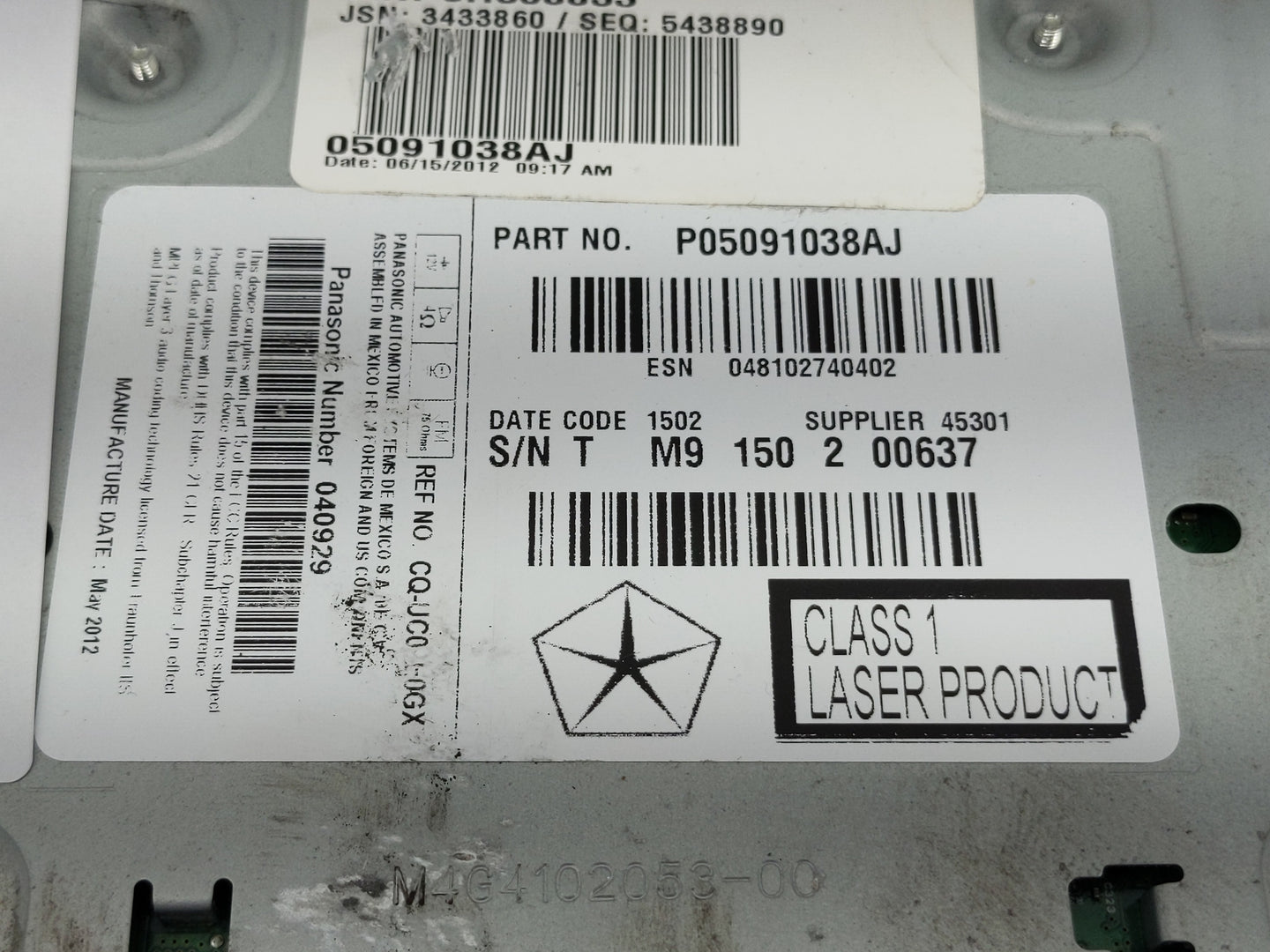 2012 Chrysler 300 Radio AM FM Cd Player Receiver Replacement P/N:P05091038AJ Fits OEM Used Auto Parts - Oemusedautoparts1.co