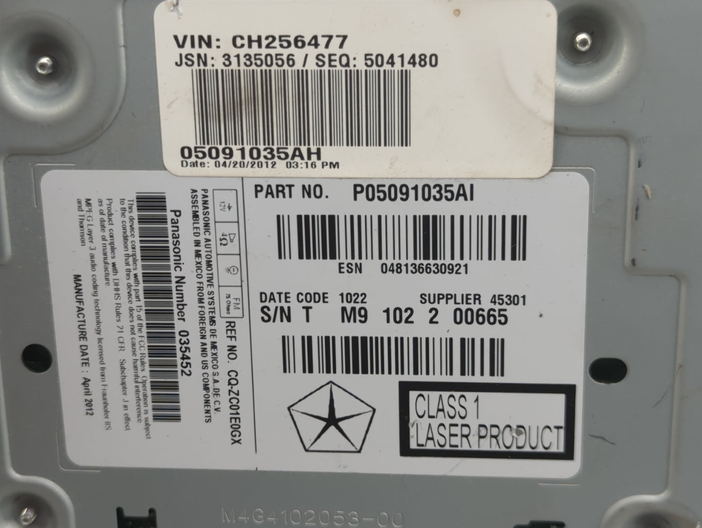 2012-2014 Chrysler 300 Radio AM FM Cd Player Receiver Replacement P/N:P05091035AI Fits Fits 2012 2013 2014 OEM Used Auto Par