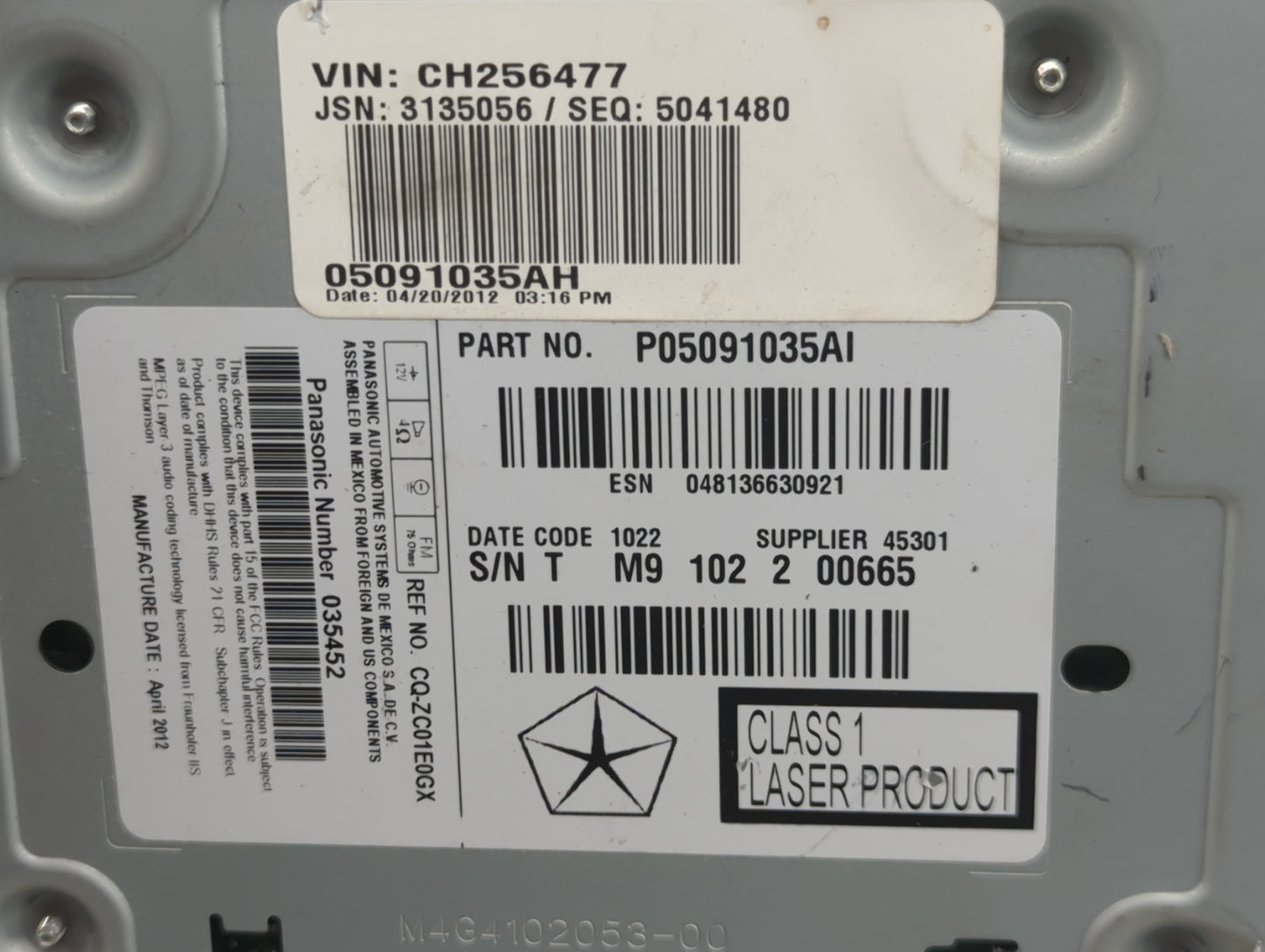 2012-2014 Chrysler 300 Radio AM FM Cd Player Receiver Replacement P/N:P05091035AI Fits Fits 2012 2013 2014 OEM Used Auto Par