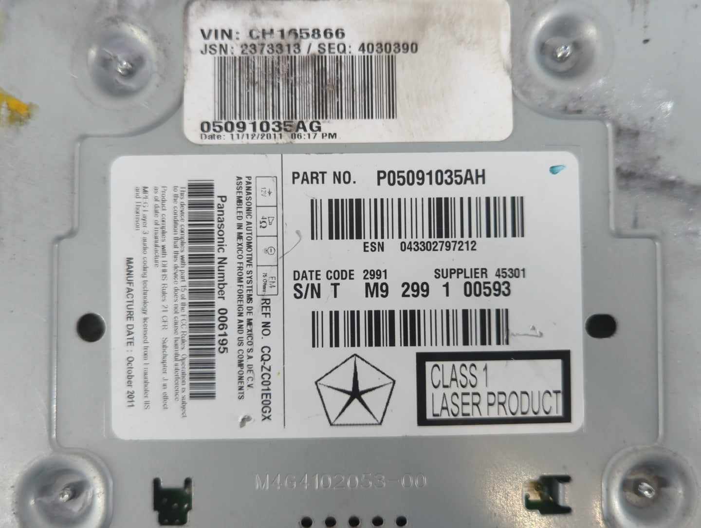 2012-2013 Chrysler 300 Radio AM FM Cd Player Receiver Replacement P/N:P05091035AH Fits Fits 2012 2013 OEM Used Auto Parts - 