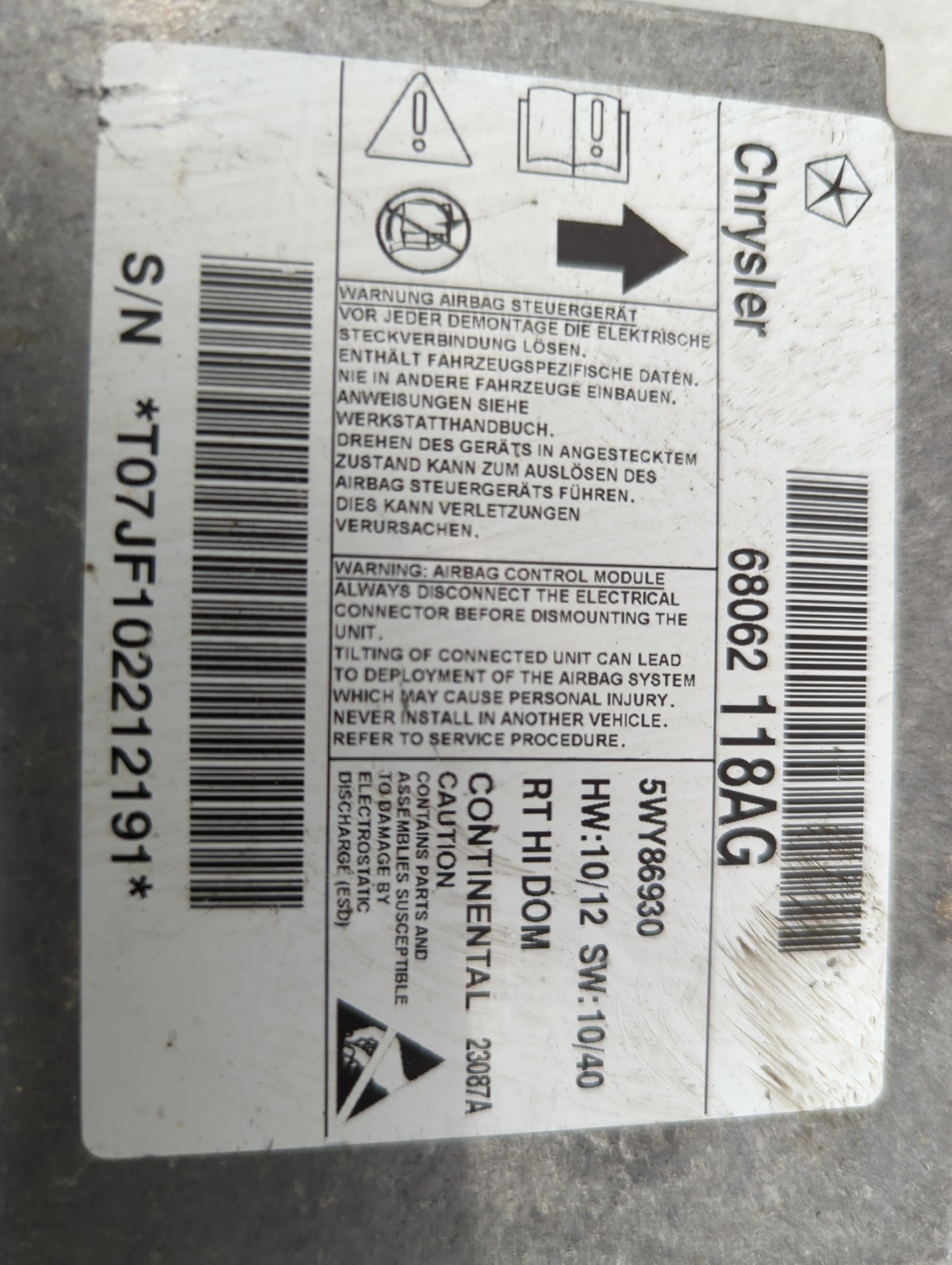 2012 Town And Country Safety Restraint Srs Airbag Control Module - Oemusedautoparts1.com