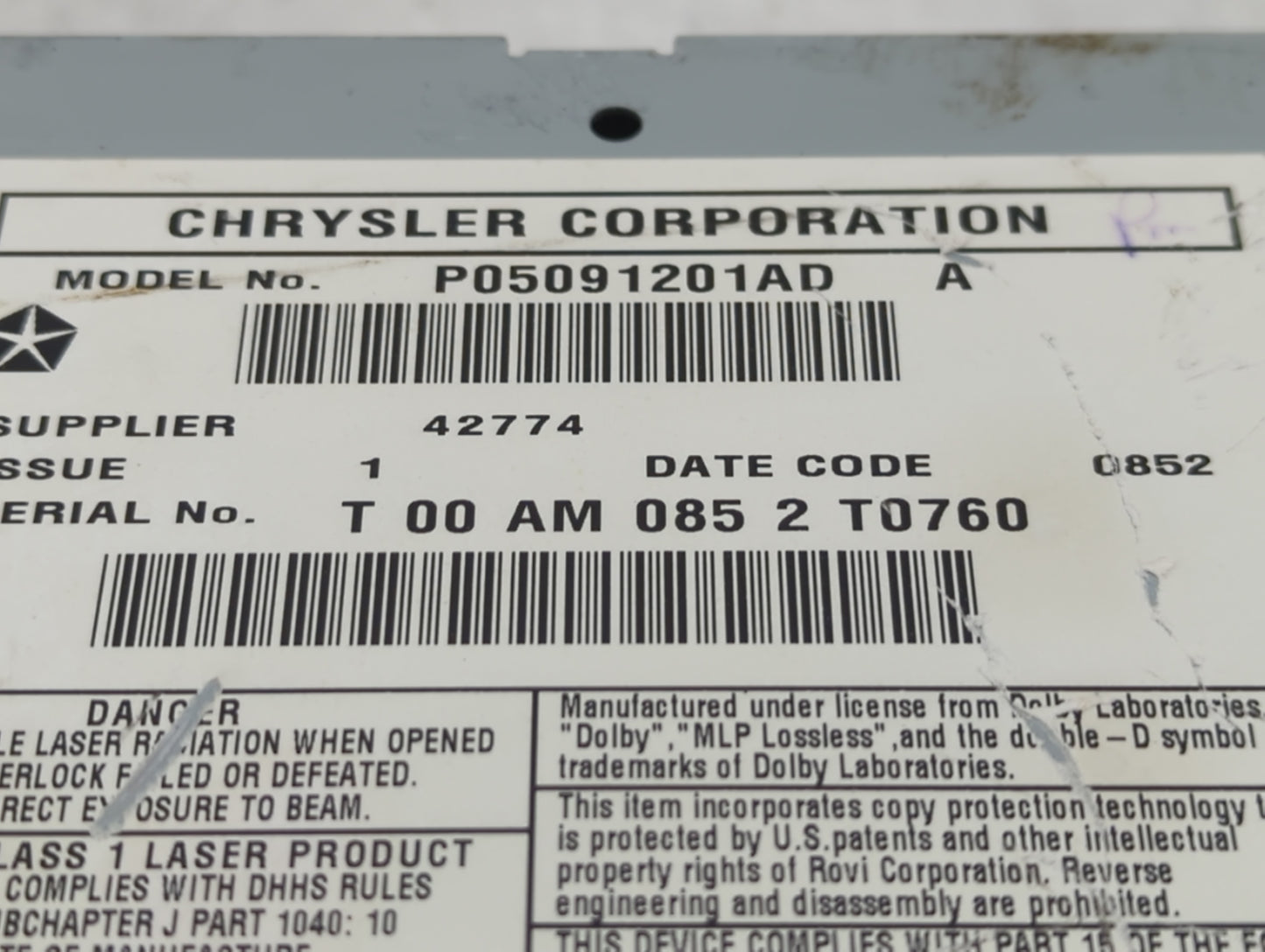 2012-2016 Chrysler Town & Country Radio AM FM Cd Player Receiver Replacement P/N:P05091201AD Fits OEM Used Auto Parts - Oemu