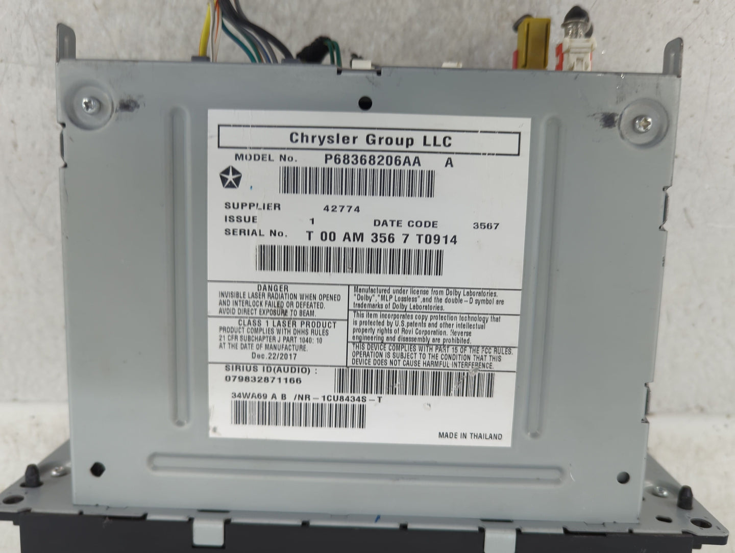 2012-2016 Chrysler Town & Country Radio AM FM Cd Player Receiver Replacement P/N:68368206AA Fits OEM Used Auto Parts - Oemus
