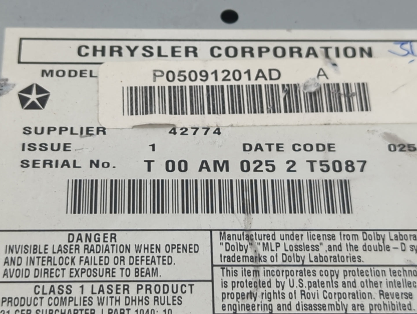 2012-2016 Chrysler Town & Country Radio AM FM Cd Player Receiver Replacement P/N:P05091201AD Fits OEM Used Auto Parts - Oemu