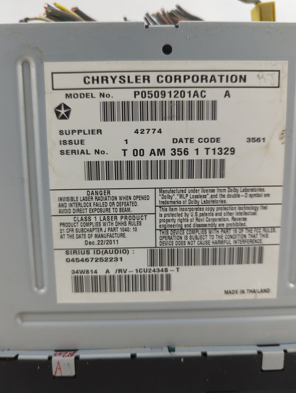 2012-2016 Chrysler Town & Country Radio AM FM Cd Player Receiver Replacement P/N:P05091201AC Fits OEM Used Auto Parts - Oemu