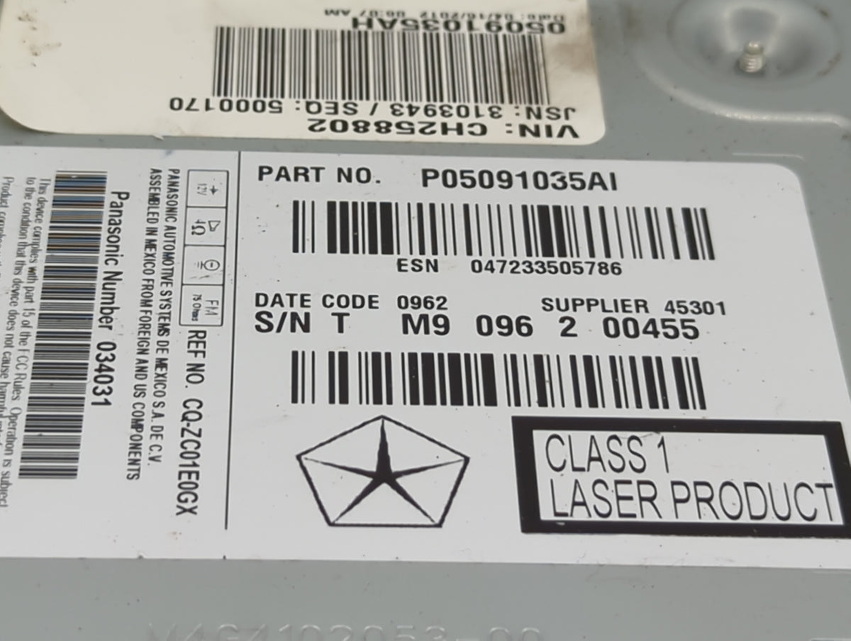 2012 Dodge Charger Radio AM FM Cd Player Receiver Replacement P/N:P05091035AI CQ-ZC01E0GX Fits Fits 2013 2014 OEM Used Auto 