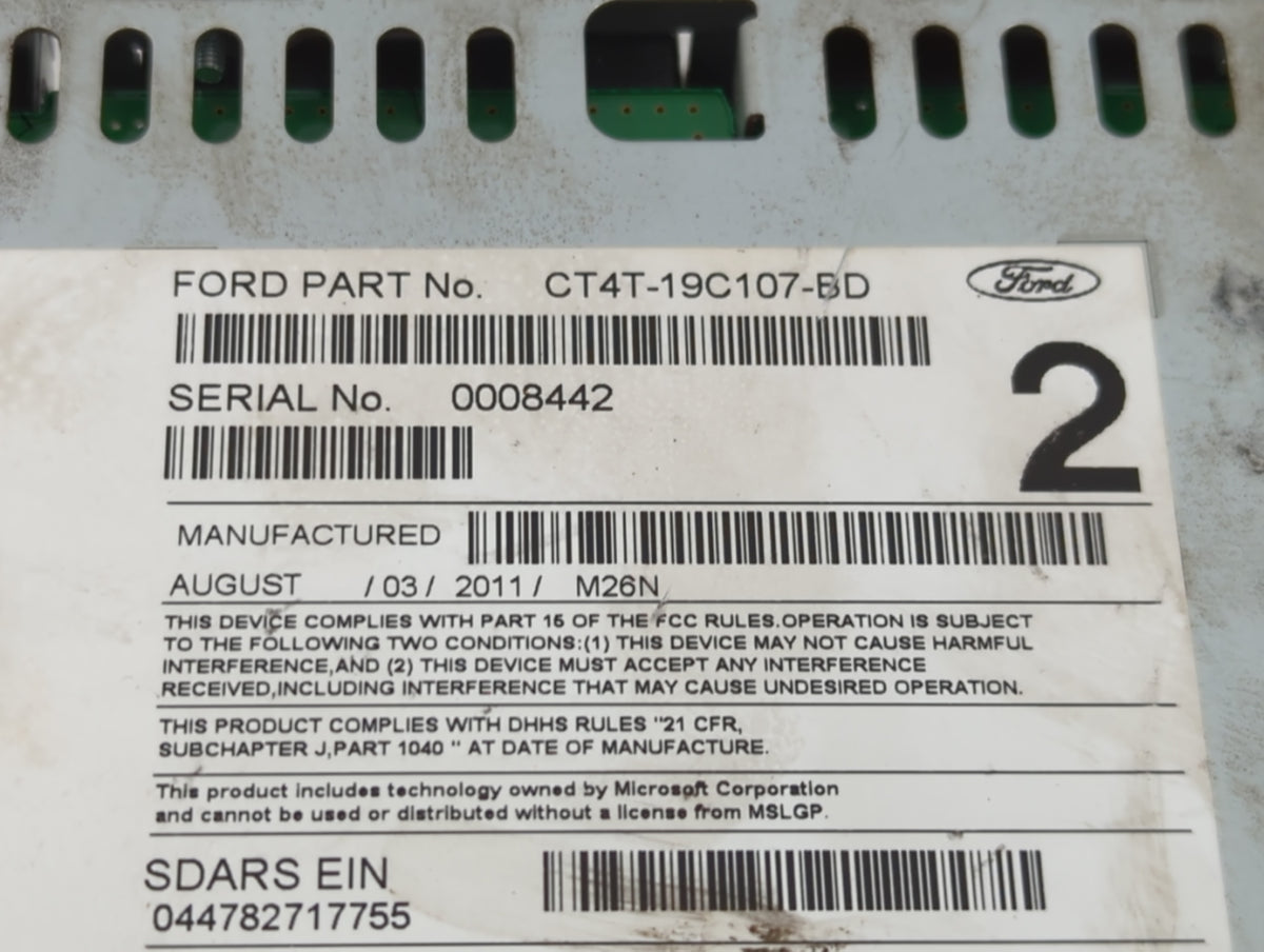 2012 Ford Edge Radio AM FM Cd Player Receiver Replacement P/N:CT4T-19C107-BD OEM Used Auto Parts - Oemusedautoparts1.com
