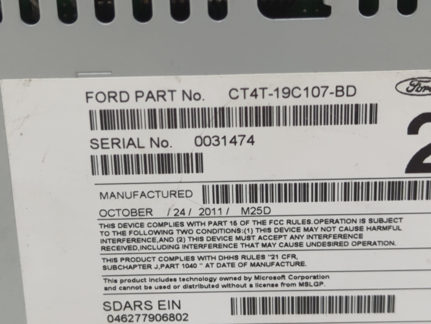 2012 Ford Edge Radio AM FM Cd Player Receiver Replacement P/N:CT4T-19C107-BD Fits OEM Used Auto Parts - Oemusedautoparts1.co