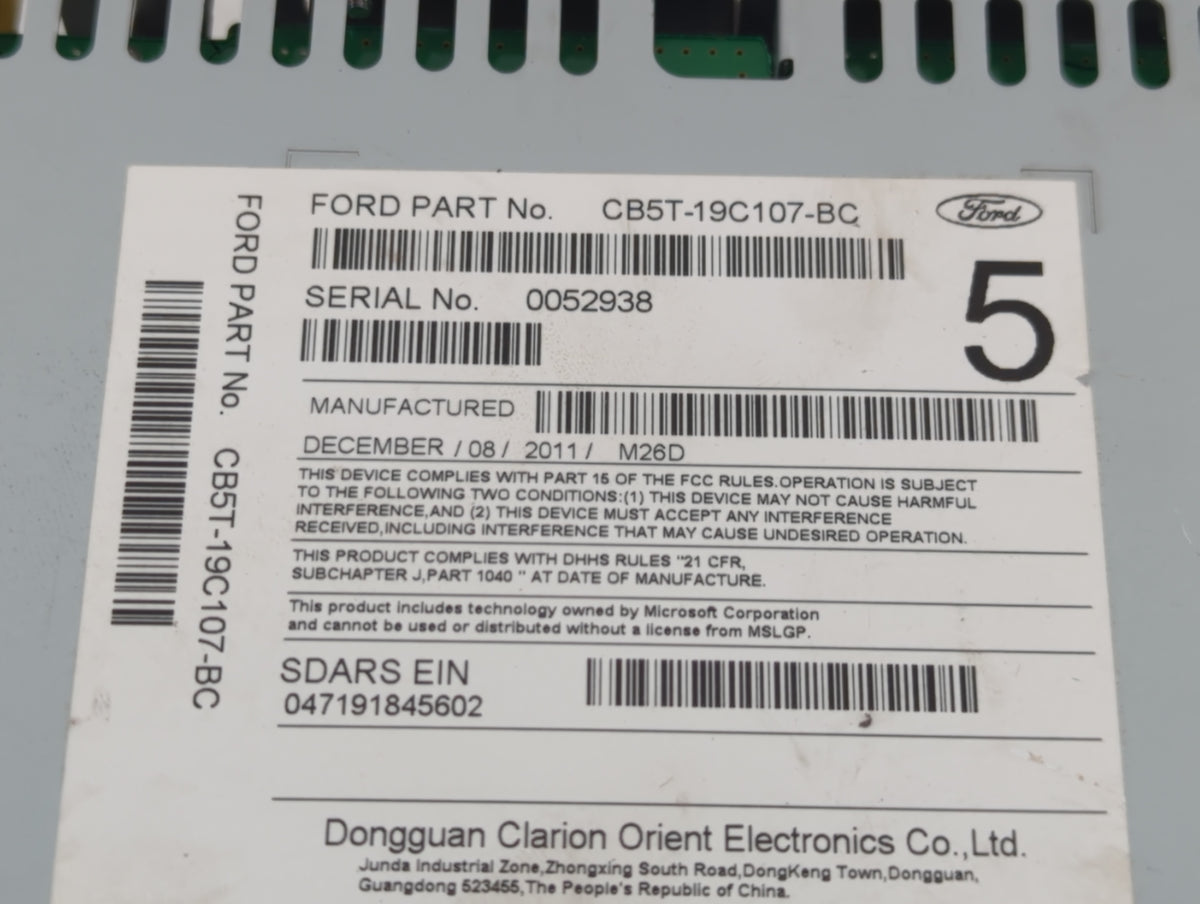 2012 Ford Explorer Radio AM FM Cd Player Receiver Replacement P/N:CB5T-19C107-BC OEM Used Auto Parts - Oemusedautoparts1.com