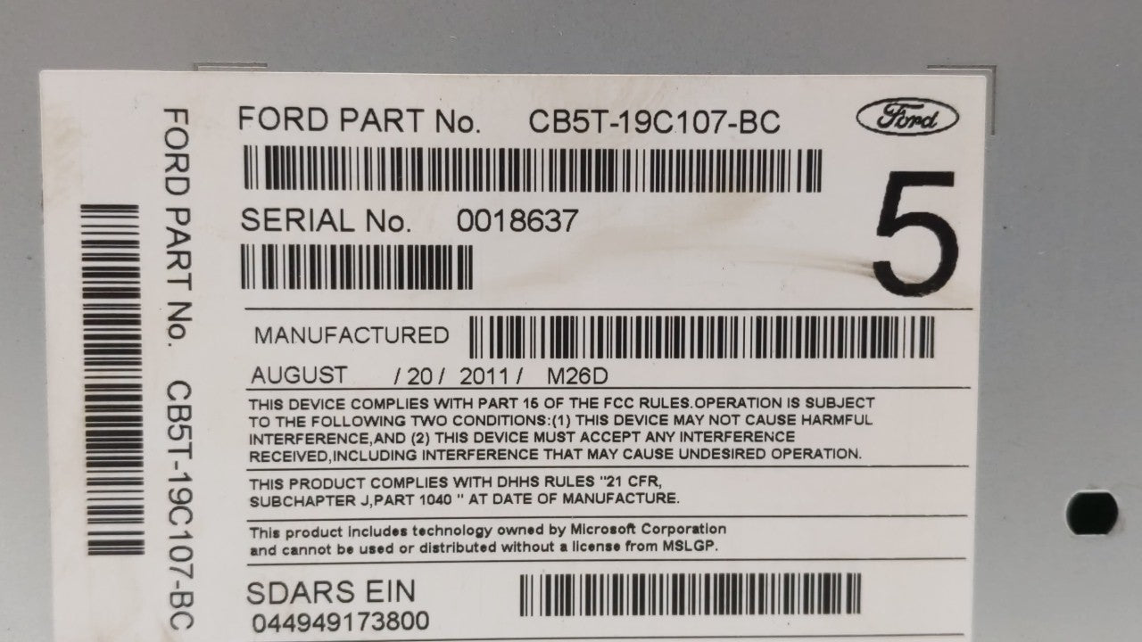 2012 Ford Explorer Radio AM FM Cd Player Receiver Replacement P/N:CB5T-19C107-BC CB5T-19C107-BB Fits OEM Used Auto Parts - O