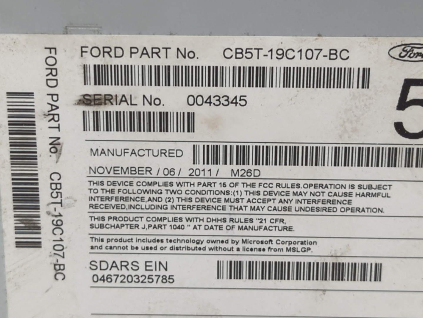 2012 Ford Explorer Radio AM FM Cd Player Receiver Replacement P/N:CB5T-19C107-BC CB5T-19C107-BB Fits OEM Used Auto Parts - O