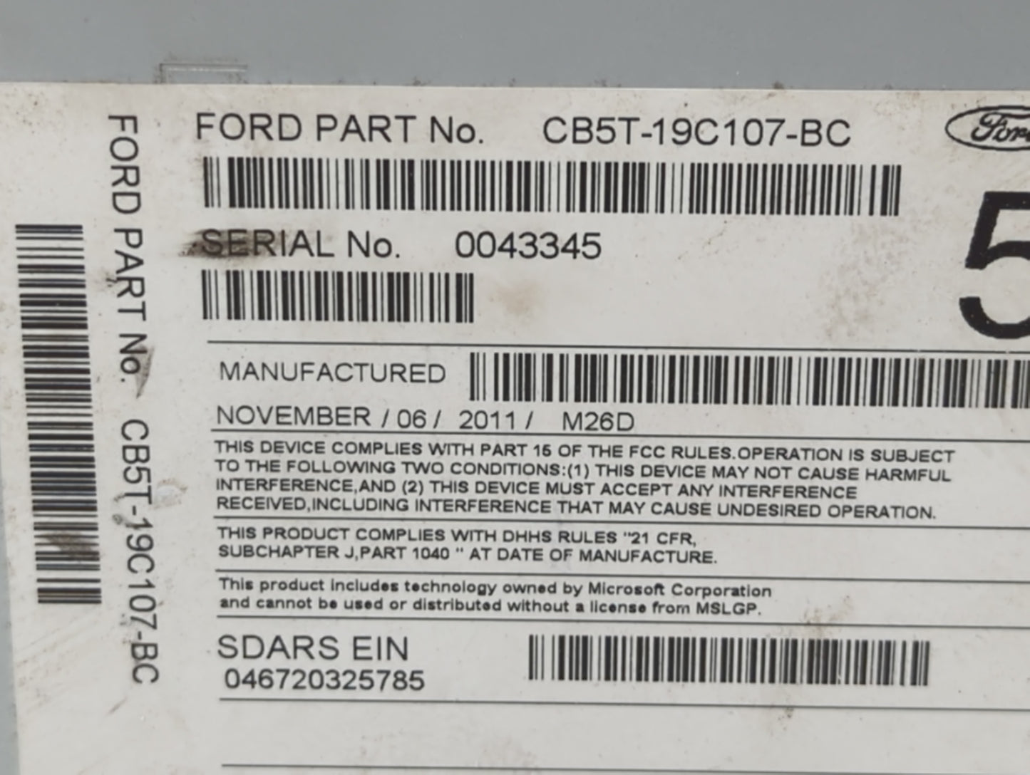 2012 Ford Explorer Radio AM FM Cd Player Receiver Replacement P/N:CB5T-19C107-BC CB5T-19C107-BB Fits OEM Used Auto Parts - O