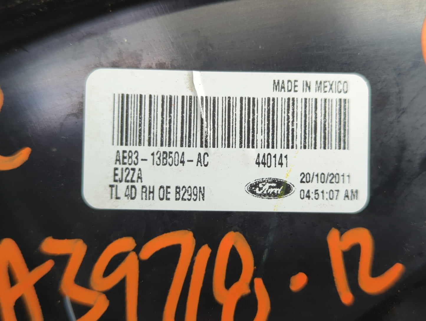 2011-2013 Ford Fiesta Tail Light Assembly Passenger Right OEM P/N:AE83-13B504-AC Fits Fits 2011 2012 2013 OEM Used Auto Part