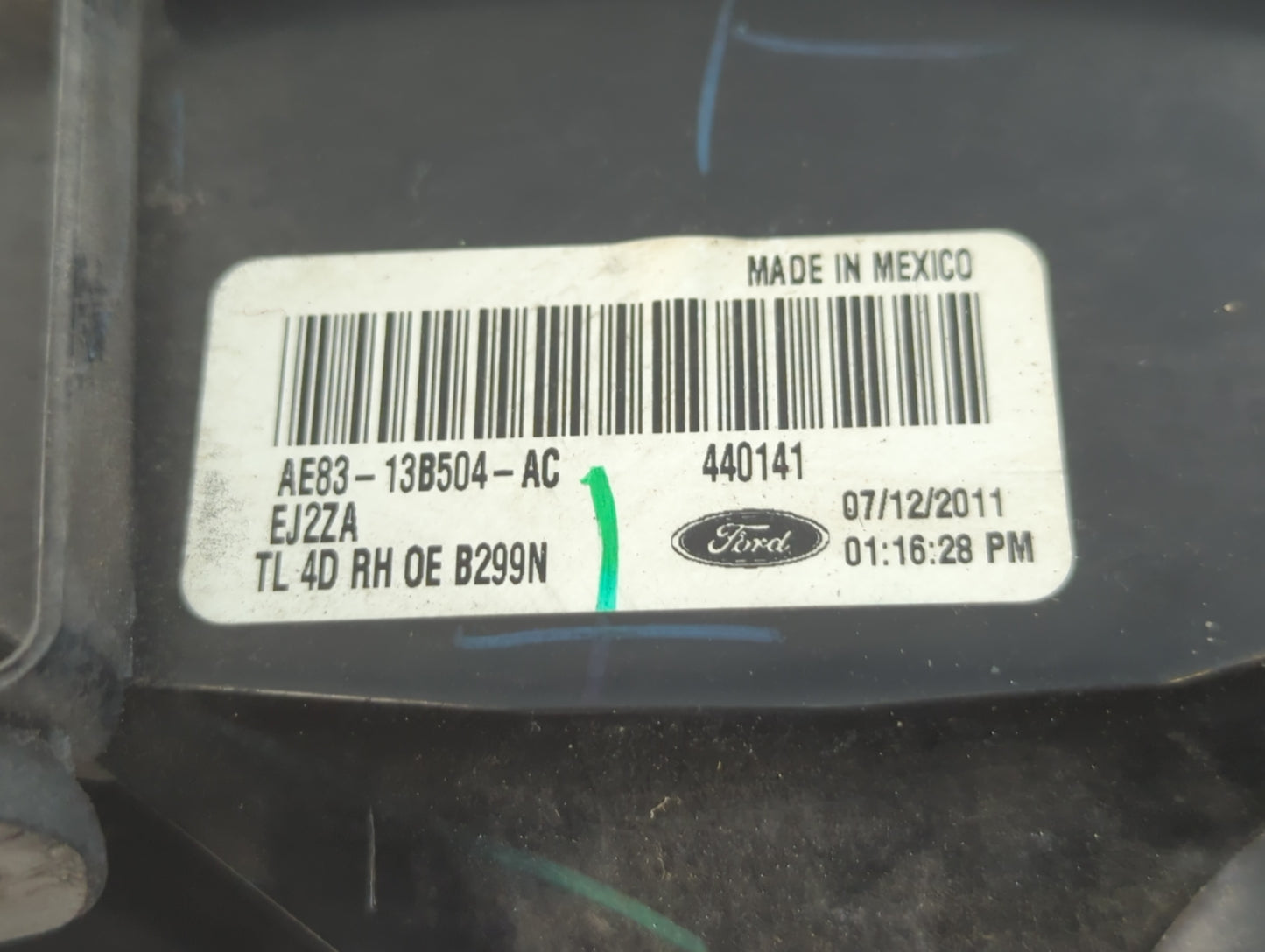 2011-2013 Ford Fiesta Tail Light Assembly Passenger Right OEM P/N:AE83-13B504-AC Fits Fits 2011 2012 2013 OEM Used Auto Part
