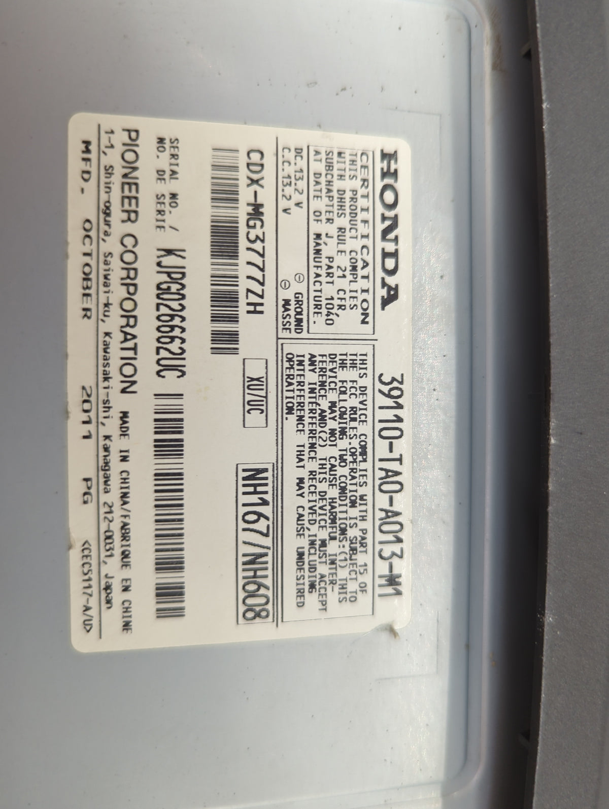 2008-2012 Honda Accord Radio Cd Changer 39110-ta0-a013-m1|cdx-mg3777zh - Oemusedautoparts1.com