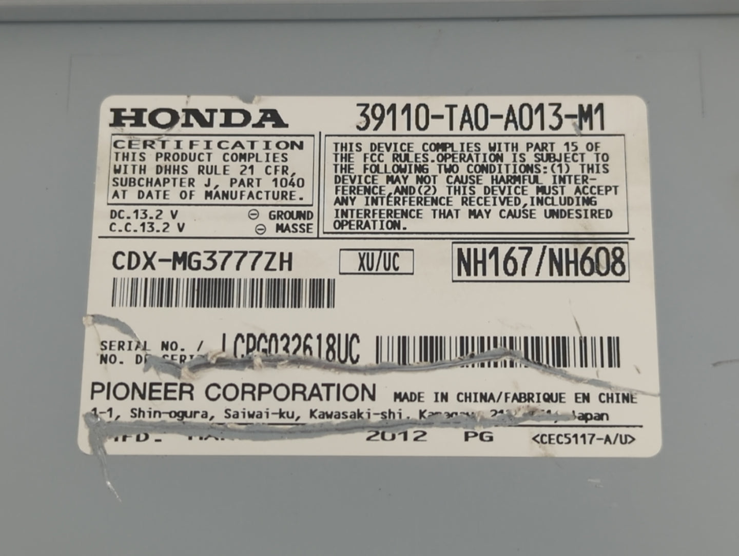 2008-2012 Honda Accord Radio AM FM Cd Player Receiver Replacement P/N:39110-TA0-A013-M1 Fits Fits 2008 2009 2010 2011 2012 O