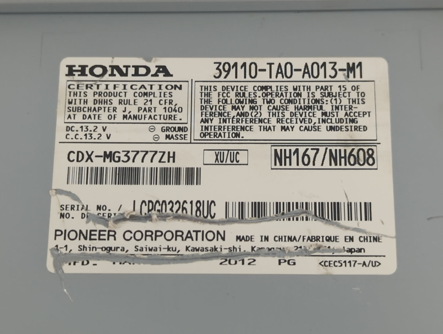 2008-2012 Honda Accord Radio AM FM Cd Player Receiver Replacement P/N:39110-TA0-A013-M1 Fits Fits 2008 2009 2010 2011 2012 O