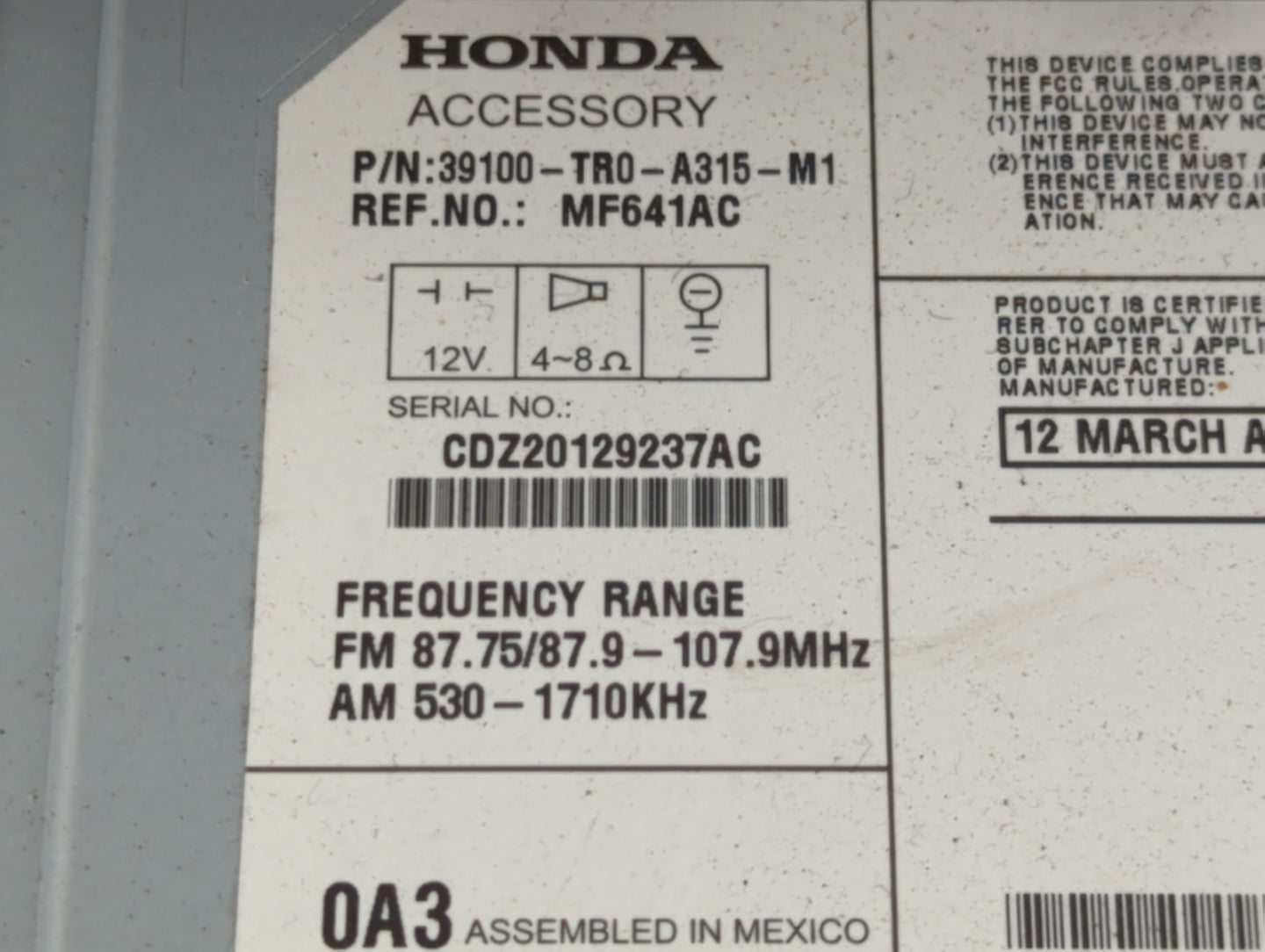2012 Honda Civic Radio AM FM Cd Player Receiver Replacement P/N:39100-TR0-A315-M1 Fits OEM Used Auto Parts - Oemusedautopart