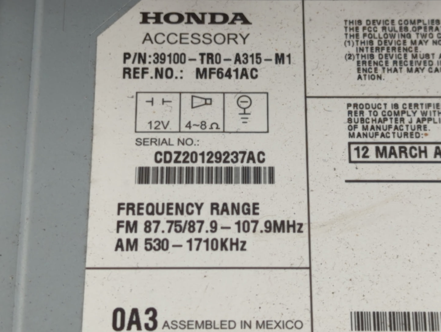 2012 Honda Civic Radio AM FM Cd Player Receiver Replacement P/N:39100-TR0-A315-M1 Fits OEM Used Auto Parts - Oemusedautopart