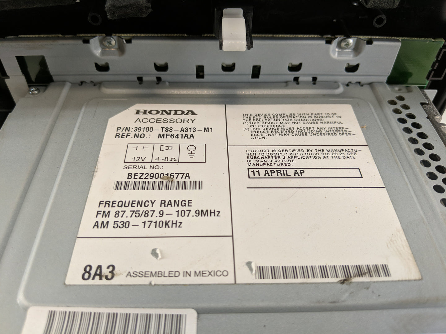 2012 Honda Civic Radio AM FM Cd Player Receiver Replacement P/N:39100-TS8-A313-M1 Fits OEM Used Auto Parts - Oemusedautopart