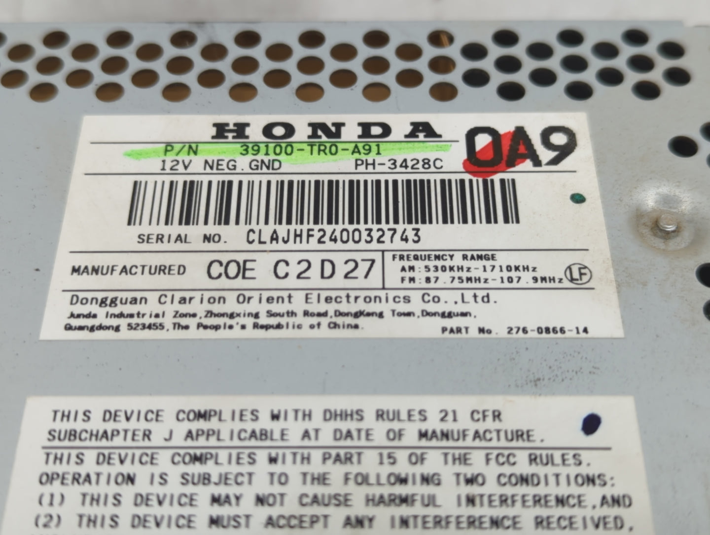 2012 Honda Civic Radio AM FM Cd Player Receiver Replacement P/N:39100-TR0-A91 Fits OEM Used Auto Parts - Oemusedautoparts1.c