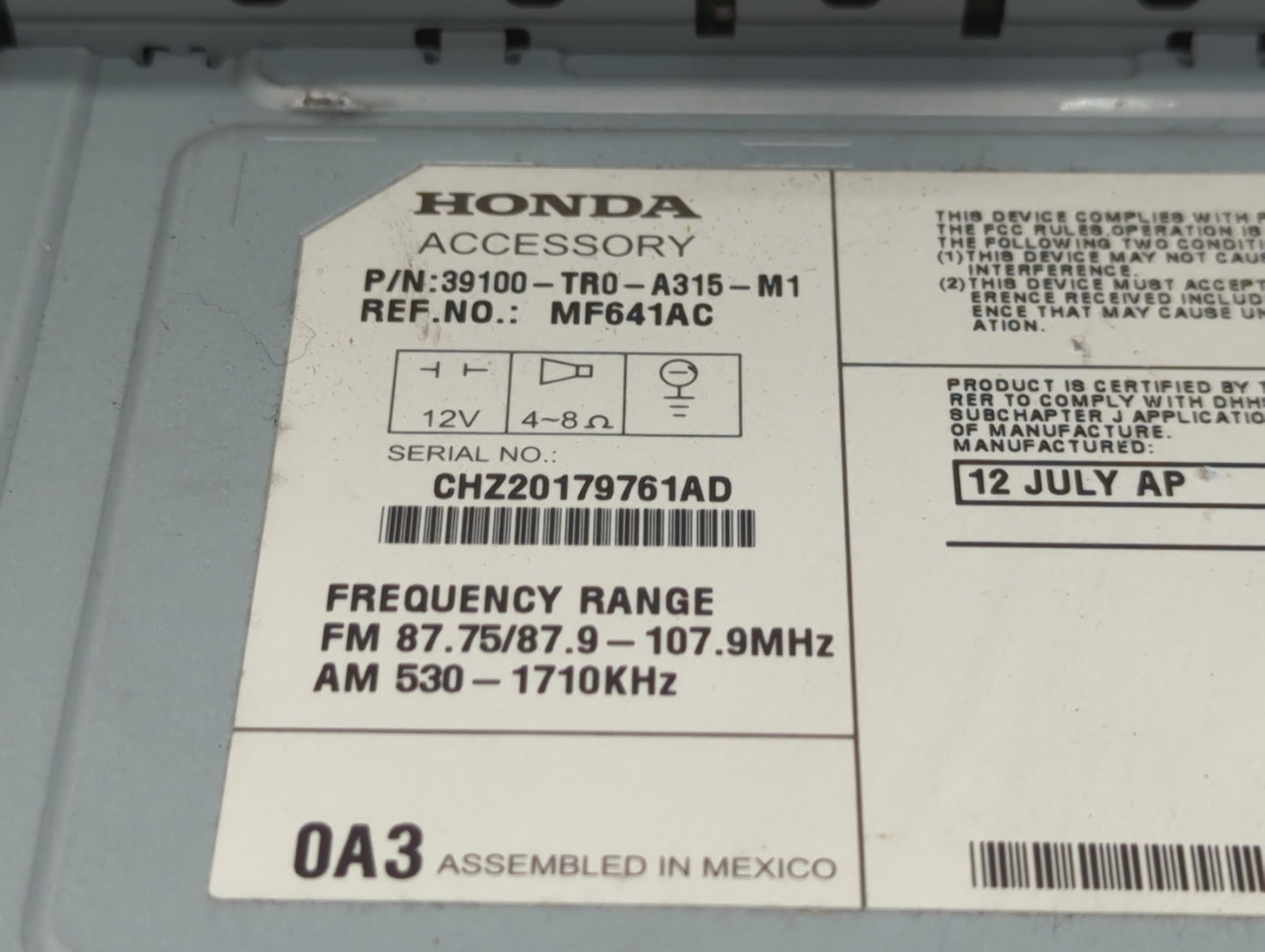 2012 Honda Civic Radio AM FM Cd Player Receiver Replacement P/N:39100-TR0-A315-M1 Fits OEM Used Auto Parts - Oemusedautopart