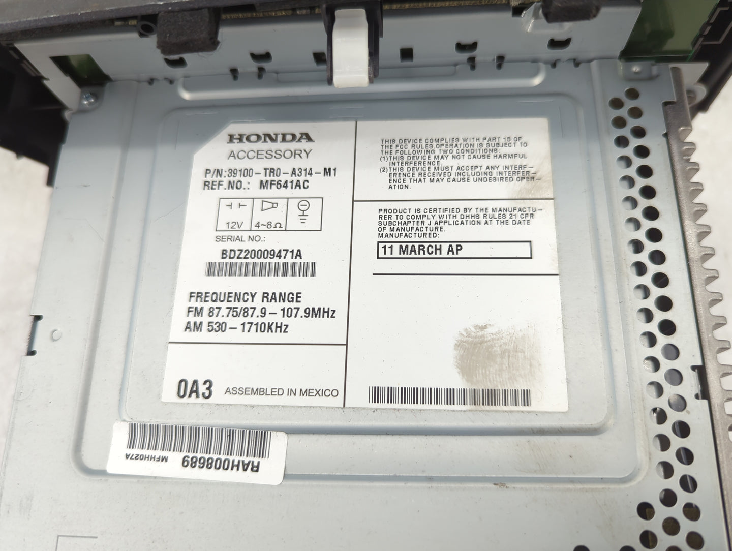 2012 Honda Civic Radio AM FM Cd Player Receiver Replacement P/N:39100-TR0-A314-M1 MF641AC Fits OEM Used Auto Parts - Oemused