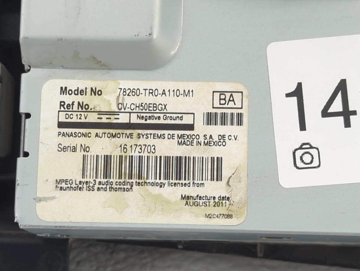 2012 Honda Civic Radio AM FM Cd Player Receiver Replacement P/N:78260-TR0-A110-M1 Fits OEM Used Auto Parts - Oemusedautopart