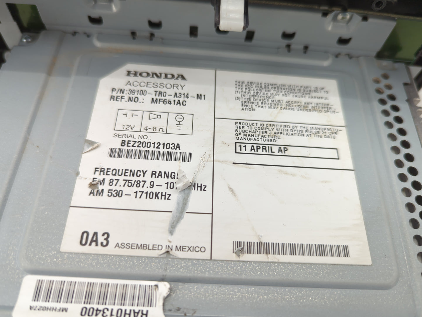 2012 Honda Civic Radio AM FM Cd Player Receiver Replacement P/N:39100-TR0-A314-M1 Fits OEM Used Auto Parts - Oemusedautopart