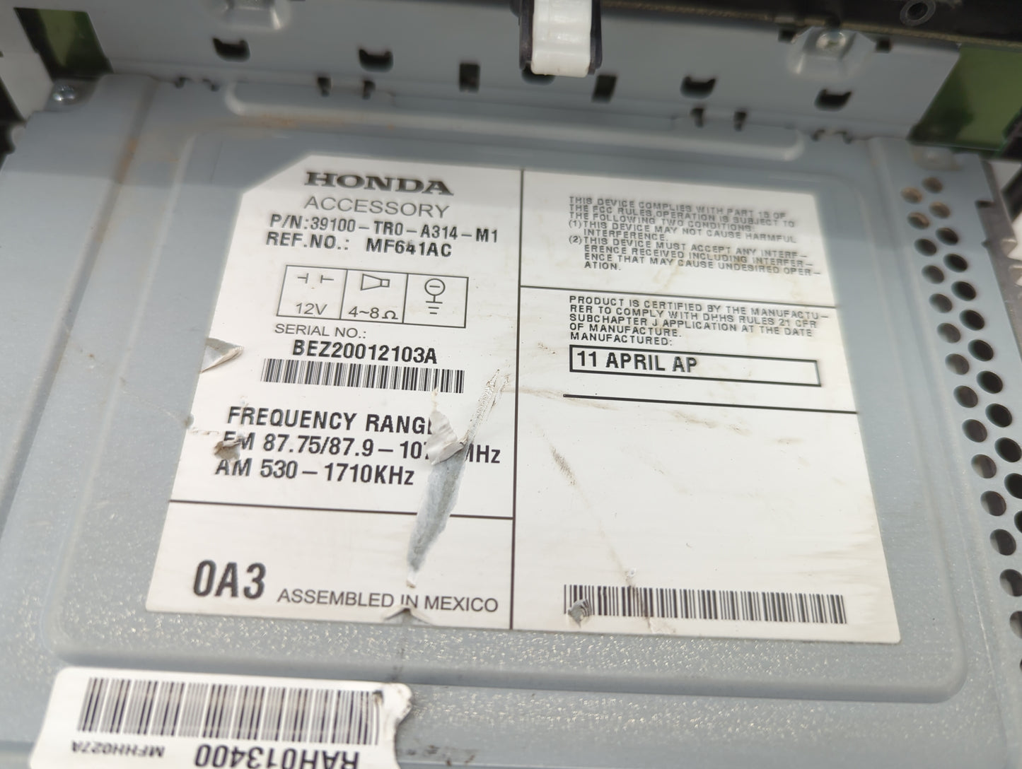 2012 Honda Civic Radio AM FM Cd Player Receiver Replacement P/N:39100-TR0-A314-M1 Fits OEM Used Auto Parts - Oemusedautopart