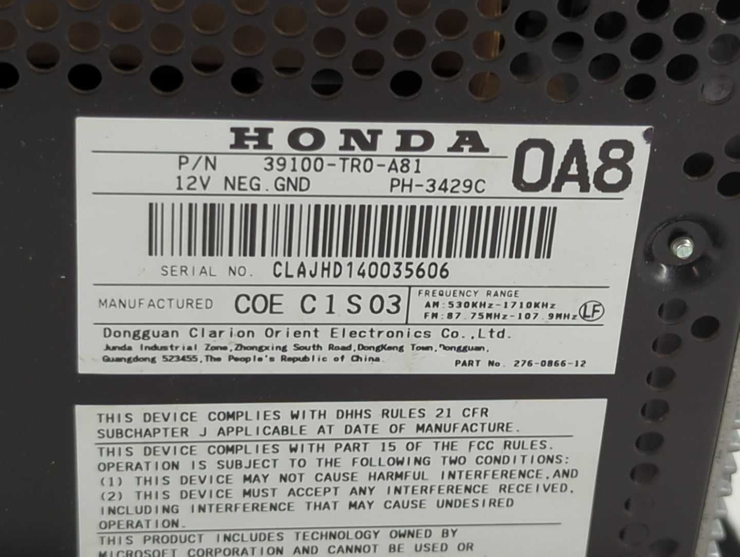 2012 Honda Civic Radio AM FM Cd Player Receiver Replacement P/N:39100-TR0-A81 Fits OEM Used Auto Parts - Oemusedautoparts1.c