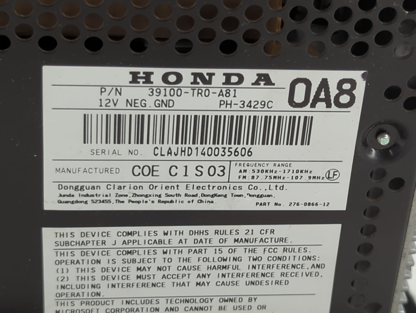 2012 Honda Civic Radio AM FM Cd Player Receiver Replacement P/N:39100-TR0-A81 Fits OEM Used Auto Parts - Oemusedautoparts1.c