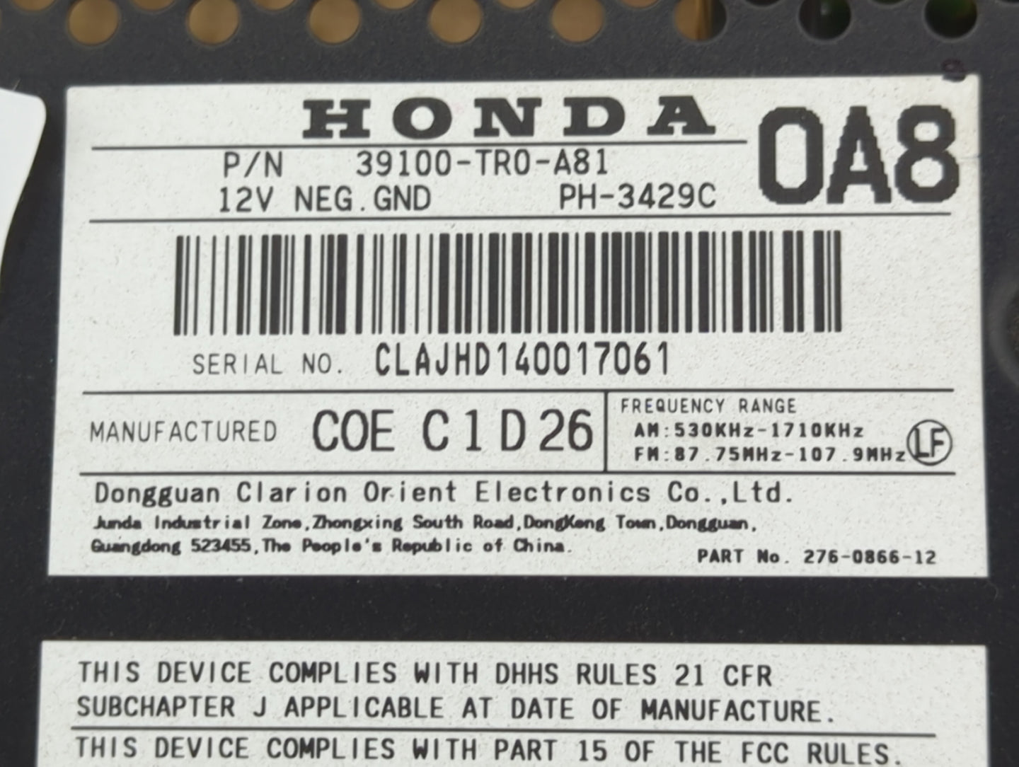 2012 Honda Civic Radio AM FM Cd Player Receiver Replacement P/N:39100-TR0-A81 PH-3429C, CLAJHD140017061, 276-0866-12 Fits OE