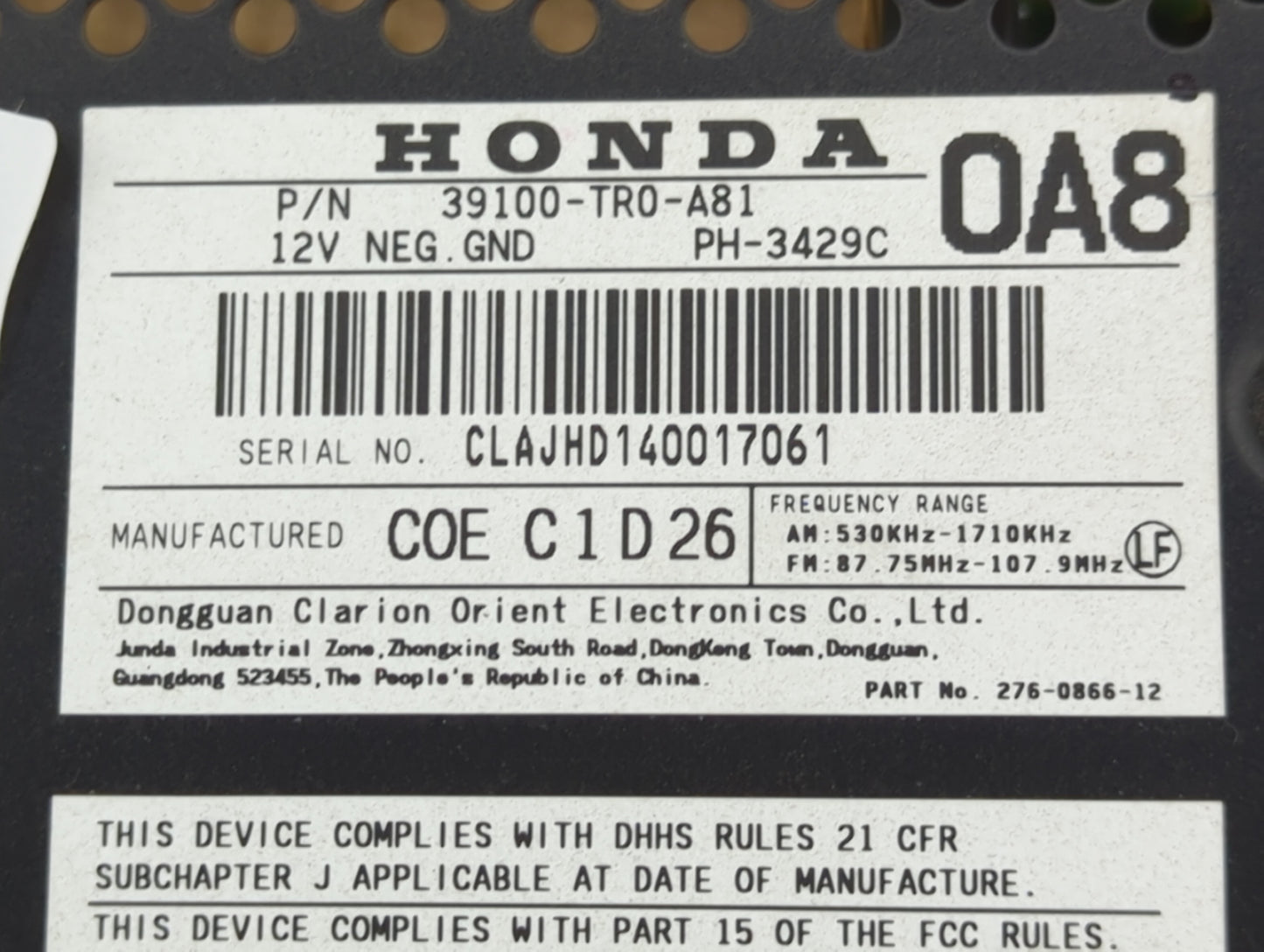 2012 Honda Civic Radio AM FM Cd Player Receiver Replacement P/N:39100-TR0-A81 PH-3429C, CLAJHD140017061, 276-0866-12 Fits OE