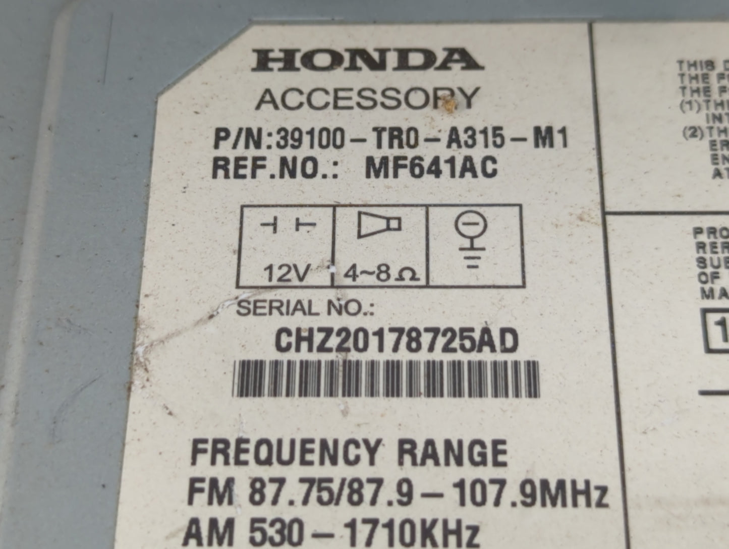 2012 Honda Civic Radio AM FM Cd Player Receiver Replacement P/N:39100-TR0-A315-M1 Fits OEM Used Auto Parts - Oemusedautopart