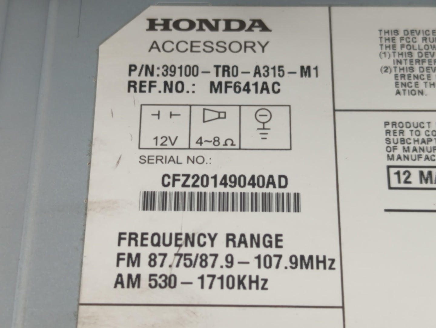 2012 Honda Civic Radio AM FM Cd Player Receiver Replacement P/N:39100-TR0-A315-M1 Fits OEM Used Auto Parts - Oemusedautopart