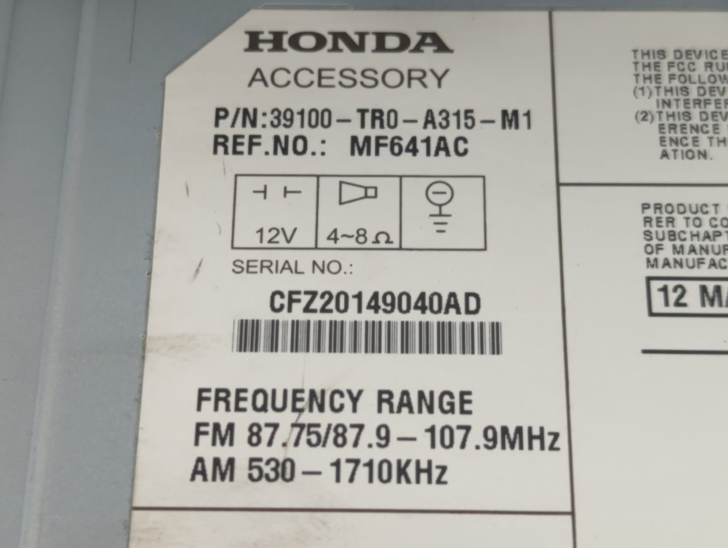 2012 Honda Civic Radio AM FM Cd Player Receiver Replacement P/N:39100-TR0-A315-M1 Fits OEM Used Auto Parts - Oemusedautopart