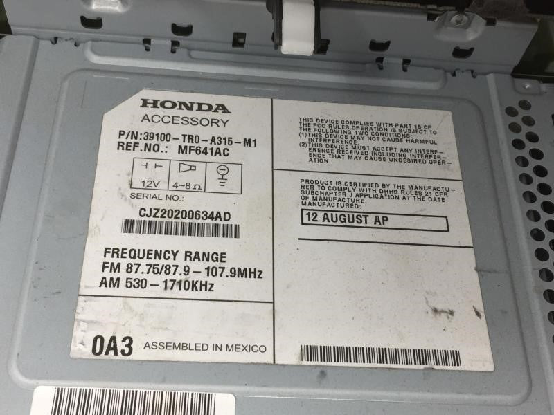 2012 Honda Civic Radio AM FM Cd Player Receiver Replacement P/N:39100-TR0-A315-M1 Fits OEM Used Auto Parts - Oemusedautopart
