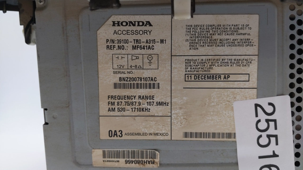 2012 Honda Civic Radio AM FM Cd Player Receiver Replacement P/N:39100-TR0-A315-M1 Fits OEM Used Auto Parts - Oemusedautopart
